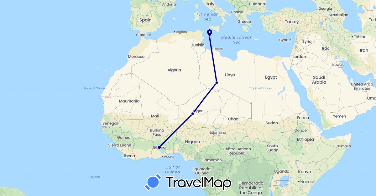 TravelMap itinerary: driving in Ghana, Italy, Libya, Niger (Africa, Europe)